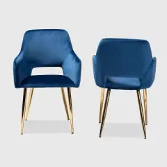 Set of 2 Germaine Velvet Upholstered Metal Dining Chairs Navy Blue/Gold - Baxton Studio: Mid-Century Modern, Arm Style: Polyester, Spot Clean