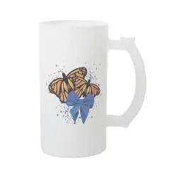 Elanze Designs Freezable Beer Stein Mug With Thumb Grip Handle, 16 Ounce Frosted Glass, Orange Monarch Butterflies