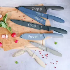 MasterChef 12pc Knife Set with Covers Sharp Nonstick Coated Kitchen Knives Nordic Blues Collection: Stainless Steel Cutlery, Rubber Handles