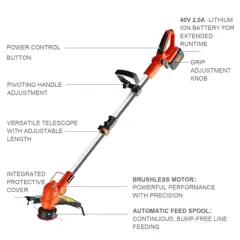 Ukoke ST2308 40V Cordless String Trimmer, 13" Dual Line Feed, Brushless Motor, 2.0Ah Battery & Charger Included, for Precision Lawn Trimming