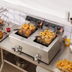 VEVOR Commercial Deep Fryer, Dual Tank 3000W Electric Countertop Fryer with Basket, 2 x 11.6Qt/11L Double Stainless Steel Oil Fryer