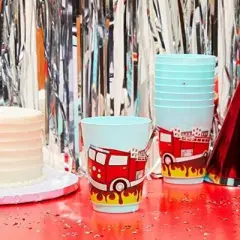 Blue Panda 16 Pack Plastic Tumbler Cups, Fire Truck Birthday Party Supplies (Blue, 16 oz)