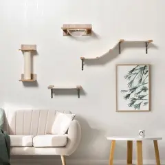 PawHut Indoor Cat Activity Tree 4-Piece Set, Mounted Pet Climbing Perches, Kitten Center with Feeding Station, Hammock Stairs, Scratching Post, Jumping Platform, Beige