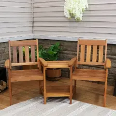 Sunnydaze Outdoor Meranti Wood with Teak Oil Finish Jack-and-Jill Patio Chairs with Attached Table - Brown