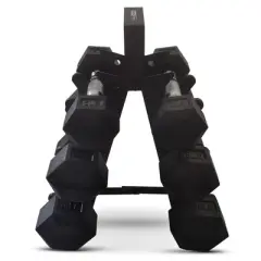 HolaHatha Hexagonal Non Slip Free Hand Dumbbell Weight Training Exercise Set w/ Textured Grips & Folding Storage Rack,  5, 8, & 10 Pound Pairs, Black