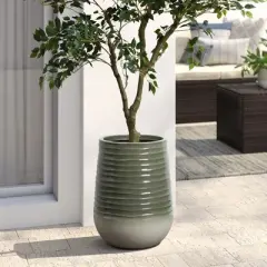 LuxenHome Decorative Resin Planter &ndash; Emerald Ribbed Top and Ivory Base with Drainage Hole