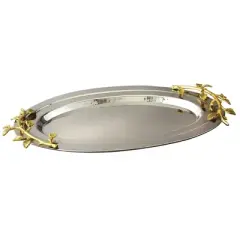 Jiallo  Gilt Leaf Oval Hammered Stainless Steel Tray 16-1/2" x 10"