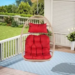 NAYSAYE Patio Swing Rattan Egg Hanging Chair with Wood Frame for Outdoor Garden Relaxation, Red, 28.7"*28.5"*55.6"