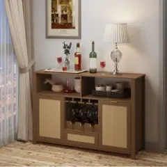 EROMMY Bay Isle Home&trade; Bar Cabinet With 2 Rattan Doors, Wine Racks And Drawers For Dining Room And Living Room