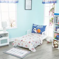 Everyday Kids 4-Piece Toddler Bedding Set Jungle Sports - Soft 100% Cotton Percale Comforter, Flat Sheet, Fitted Sheet & Reversible Pillowcase