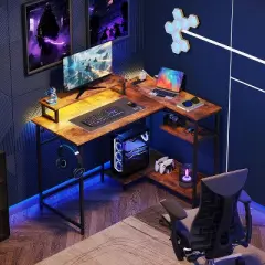 GALAXHERO 43-Inch Small L-Shaped Gaming Desk, Corner Computer Desk with Power Outlets, LED Lights & Monitor Stand, Office Desk for Bedroom