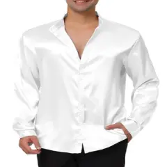 Lars Amadeus Men's Satin Long Sleeves Band Collar Button Down Solid Prom Satin Shirts