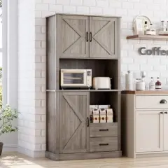 Kitchen Pantry Cabinet with Microwave Stand & Drawers - Tall Hutch Bar Cabinet, Adjustable Shelves, Large Wood Storage for Dining Room, Living Room