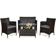 Costway 4PCS Rattan Patio Furniture Set Cushioned Sofa Chair Coffee Table