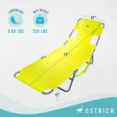 Ostrich Chaise Lounge Outdoor Portable Folding 4 Position Recliner Chair for Beach, Patio, Camp, and Pool with Carrying Strap