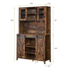 Garvee Coffee Bar Wine Cabinet with Sliding Barn Doors, 70" Tall Farmhouse Kitchen Hutch with Wine & Glasses Rack, for Kitchen, Dining Room