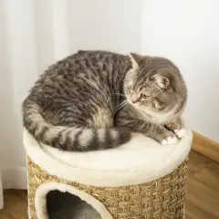 28 Inch Cat Condo, 3 Story Cat Hideaway with Sisal Scratching Pad, Barrel Shaped Small Cat Tree for Indoor Cats, Khaki and Brown