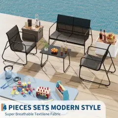 ODK 4 Pieces Patio Furniture Set, Textile Fabric Outdoor Conversation Set with Glass Coffee Table, Loveseat and 2 Single Chairs for Backyard, Balcony