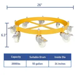 55 Gallon Drum Dolly, Heavy Duty 2000 LBS Barrel Dolly with Steel Frame, 8 Swivel Casters with Brake, Non-Tipping Hand Truck