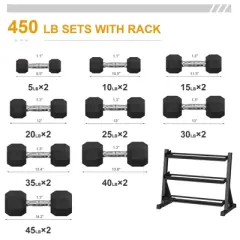 Premium Rubber Coated Hex Dumbbell Weight Set with Rack, 450LB Set for Home Gym, Hand Weights for Muscle Toning, Strength Building&Full Body Workout