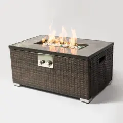 32" Propane Gas Fire Pit Table, 50000 BTU Rectangular Fire Pit, Tile Tabletop with Beautiful Wicker Base for Outside Patio Deck Garden Courtyard-Brown
