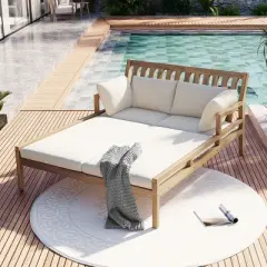 Acacia Wood Outdoor Daybed with Removable Cushions and Pillows, Ergonomic Frame for Patio, Garden or Poolside Relaxation - Coolbibila