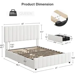 Bed Frame with 4 Storage Drawers, Adjustable Height Headboard, Linen Upholstered Platform BedFrame, Wooden Slats