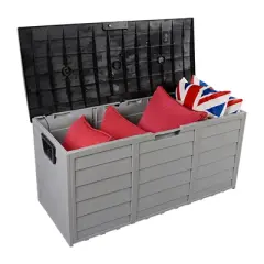 DSVIMOY 75gal Lockable Outdoor Garden Plastic Storage Deck Box for Tools Cushions Toys, Grey & Black, 44"*19.3"*21.3"