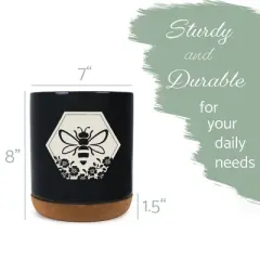 Elanze Designs Bee Honeycomb Flowers Arrangement Hive Ceramic Cork Bottom Black Large Capacity Utensil Holder Crock for Countertop Storage, Stylish &