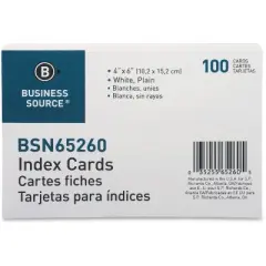 Business Source Index Cards Plain 90lb. 4"x6" 100/PK White 65260
