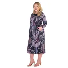 Womens Plus Size Grey and Mauve Floral Long Sleeve Pleated Pocket Midi Dress