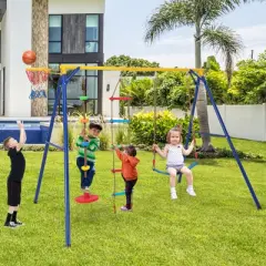 Costway 4-in-1 Kids Swing Sports Set Carbon Steel Swing Stand w/Basketball Hoop Climbing Ladder