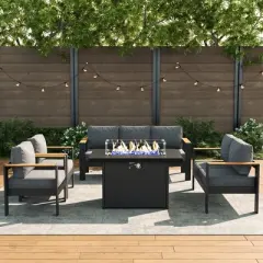 LayinSun 5 Pieces Aluminum Outdoor Patio Furniture Set with Fire Pit Table, Outside Metal Patio Conversation Sets with Deep Seating and Thick Cushions