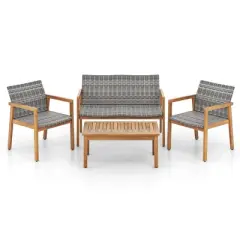 Costway 4 PCS Outdoor Furniture Set, Acacia Wood Frame Sofa Set with Rattan Seat