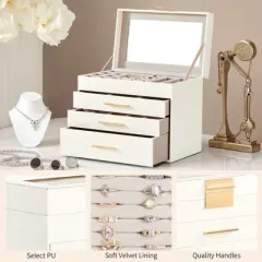 Gulches Deluxe 2-Drawer Jewelry Box with Clear Top View &uml;C White & Pink Velvet Storage Case