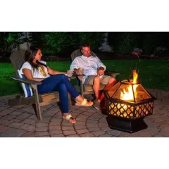 Endless Summer Wood Burning Hexagon Outdoor Fire Pit with Lattice Design Brown