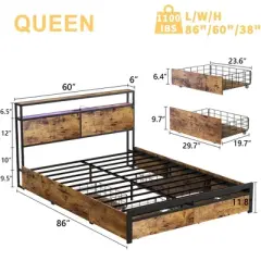HAUSOURCE Queen Size Platform Bed Frame with Headboard, 4 Storage Drawers, Color Changing Lights, 2 Charging Outlets and 2 USB Ports, Rustic Brown