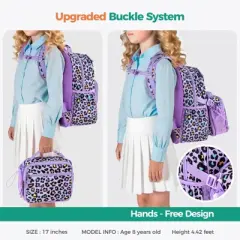 Sloth Backpack School Backpack Set for Girls, Kids Backpacks and Lunch Box Set with Water Bottle Elementary School 17 Inch Bookbag, Purple
