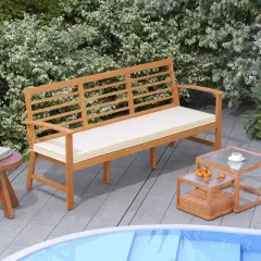 Tangkula 3-Seat Patio 64 Inch Wood Bench w/ Seat Cushion Slatted Seat & Backrest Outdoor
