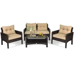 Tangkula 4 Pieces Patio Conversation Set Rattan Wicker Loveseat Sofa Coffee Table & Glass Top