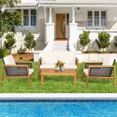 Tangkula 4PCS Patio Acacia Wood Furniture Set PE Rattan Conversation Set w/ Off White Cushions