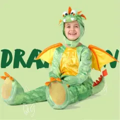 Joyfy  Halloween Costume Toddler Dragon Costume &ndash; Green Dino-Inspired Jumpsuit with Wings & Hood