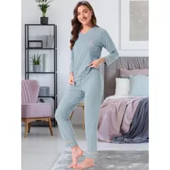 INSPIRE CHIC Women's Cotton Ribbed V Neck Pullover Tops and Pants with Pockets Pajama Sets