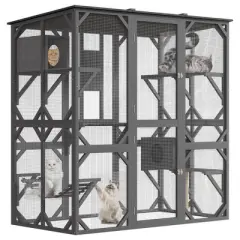 GustoWave 70 Inch Large Walk-in Outdoor Cat Enclosure with Window Access, Cats Patio with Weatherproof Roof, 2 Napping Resting Box, Grey