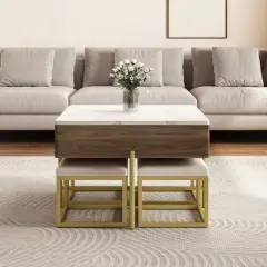 Lift Top Coffee Table with Hidden Storage, Modern Square Center Table with 4 Ottomans, Wood Cocktail Table Center Table for Living Room White
