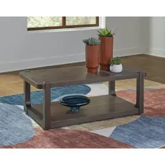 Signature Design by Ashley Breckington Coffee Table - Dark Brown Wood Finish with Rolling Casters, Lower Shelf Storage