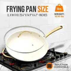 NutriChef 14&rdquo; Fry Pan With Lid - Extra Large Skillet Nonstick Frying Pan with Golden Titanium Coated Silicone Handle