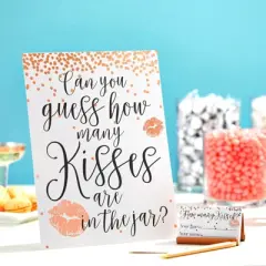 Sparkle and Bash Guess How Many Kisses Bridal Shower Game for 60 Guests (1 Rule Board, 60 Guessing Cards)