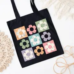 City Creek Prints Checkered Flowers Canvas Tote Bag - 15x16 - Black