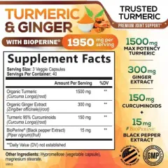 Turmeric Curcumin Supplement 1950mg Organic Turmeric with Ginger, 95% Curcuminoids, BioPerine Black Pepper, 120 Capsules By Nature's Nutrition